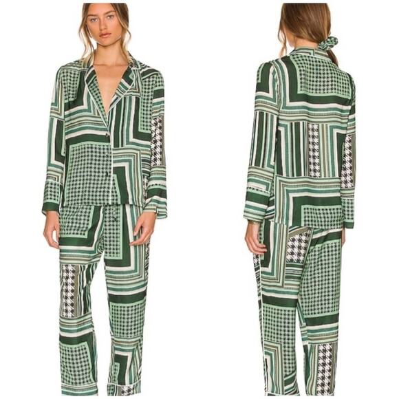 Plush Revolve green patchwork Silky Scrunchie pajama set NEW sz XS - Picture 1 of 12